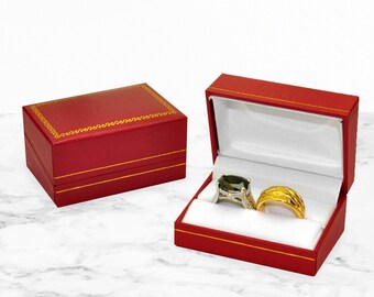 Bulk Red Leatherette, Gold Trim, Dual Jewelry Ring Box- Dual Ring Box- Gift box- Ring Box- Velvet White insert-Pack of 24 boxes-