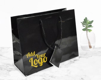 100 pcs Gloss Black Euro Tote Gift Shopping Bags, 9-1/2&quot; x 4&quot; x 7-1/2&quot;-Add Your Logo