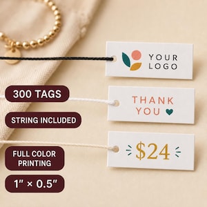 May include: Three rectangular white paper tags with pre-punched holes and attached strings. The top tag features a colorful abstract logo and the text YOUR LOGO. The middle tag displays the text THANK YOU with a heart. The bottom tag shows $24.