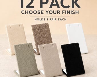 12 Pack Small Earring Display Stands, Linen, Burlap, Velvet, Faux Suede or Leatherette Jewelry Holders