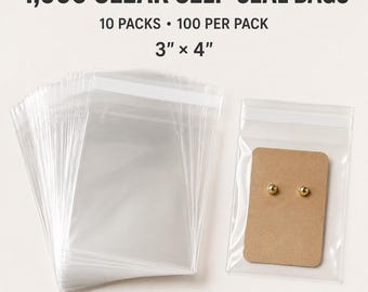 1000 Clear OPP Self Seal Bags, 3 x 4 Inch Jewelry and Earring Card Packaging, 10 Packs of 100 Adhesive Plastic Bags