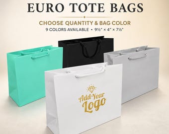 May include: Custom printed Euro tote bags in mint, black, white, and silver with rope handles. Text reads: CUSTOM PRINTED EURO TOTE BAGS, CHOOSE QUANTITY & BAG COLOR, 9 COLORS AVAILABLE, 9 1/2" x 4" x 7 1/2". The white bag features a gold diamond logo.