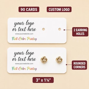 May include: Two white rectangular earring display cards with rounded corners, measuring 3 inches by 1.125 inches. The cards feature black text reading your logo or text here, www.yourwebsite.com, and colorful text reading Full Color Printing.