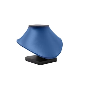 May include: A blue satin necklace display bust with a black base and top. The bust is designed to showcase necklaces and pendants. The display is a solid color and is set against a white background.