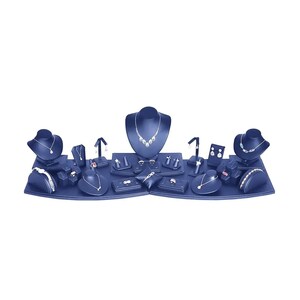 May include: A blue velvet jewelry display stand with multiple compartments for necklaces, earrings, rings, and bracelets. The stand features a variety of velvet-covered display surfaces, including a bust for necklaces, ring holders, and earring stands.