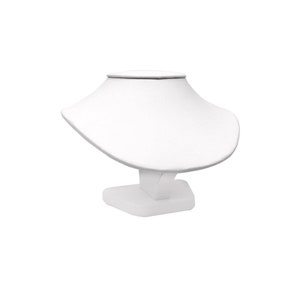 May include: White jewelry display stand with a curved neck for necklaces. The stand has a square base.