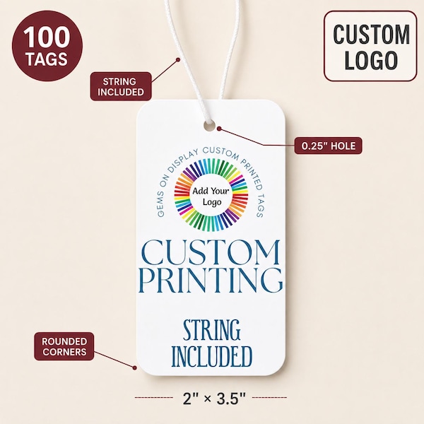 Custom Rounded Hang Tags with String, Full-Color Logo Product Tags, 100 Pieces, 2" x 3.5"