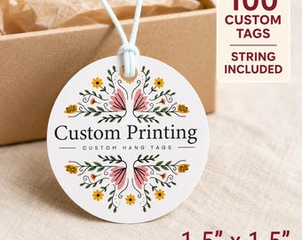 Etiquetas colgantes redondas personalizadas con cordón, etiquetas circulares con logotipo de 3,8 cm (1,5 pulgadas), etiquetas de producto impresas a todo color, 100 unidades.