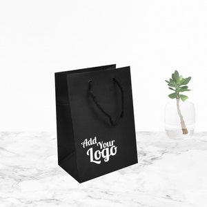 100 pcs Matte Black Euro Tote Gift Shopping Bags, 4 3/4" x 3" x 6 3/4" tall"-Add Your Logo