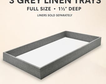 3 Pack Grey Linen Jewelry Display Trays, Full Size 1.5 Inch Deep Wood Trays for Trade Shows, Retail and Storage