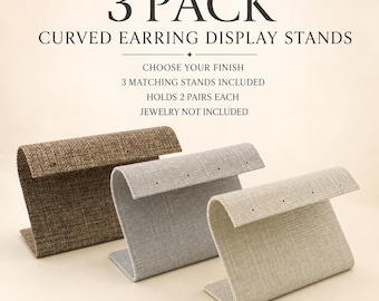 3 Pack Curved Earring Display Stands, Holds 2 Pairs Each, Burlap, Grey Linen or Beige Linen Jewelry Holders