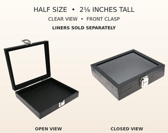 3 Pack Black Leatherette Jewelry Display Cases with Glass Lids, Half Size Trays for Gemstones, Jewelry and Collectibles