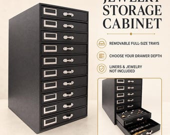 Black Jewelry Storage Drawer Organizer, Full Size Tray Cabinet with Removable Trays, Choose Drawer Depth, Liners Sold Separately