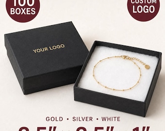 Custom Logo Matte Black Cotton-Filled Jewelry Boxes, Gold Silver or White Print, 100 Boxes