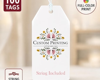 Custom Hang Tags with String, Full-Color Logo Product Tags, 100 Pieces, 1.5" x 3.125"
