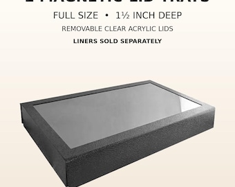 2 Pack Full Size Black Leatherette Jewelry Display Trays with Magnetic Clear Acrylic Lids, 1.5 Inch Deep