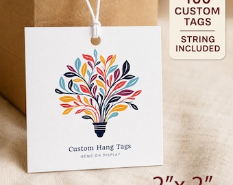 Custom Square Hang Tags With String, 2 x 2 Inch Logo Product Tags, Full Color Printed, 100 Pieces
