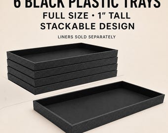 6 Pack Black Plastic Jewelry Display Trays, Full Size 1 Inch Stackable Trays for Trade Shows, Retail and Storage
