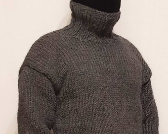 Hand knitted 100% WOOL mens sweater with turtleneck, woolen pullover , thick soft jumper many colors, any size