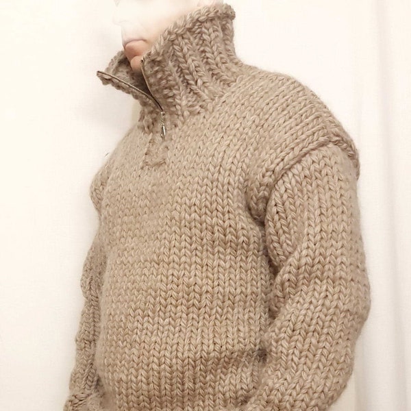 Hand knitted VERY THICK mens woolen sweater with turtleneck and zipper CHUNKY 100% wool pullover thick soft jumper many colors, any size