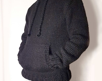 Hand knitted 100% WOOL mens hoodie sweater with poncho pocket, thick soft Jumper