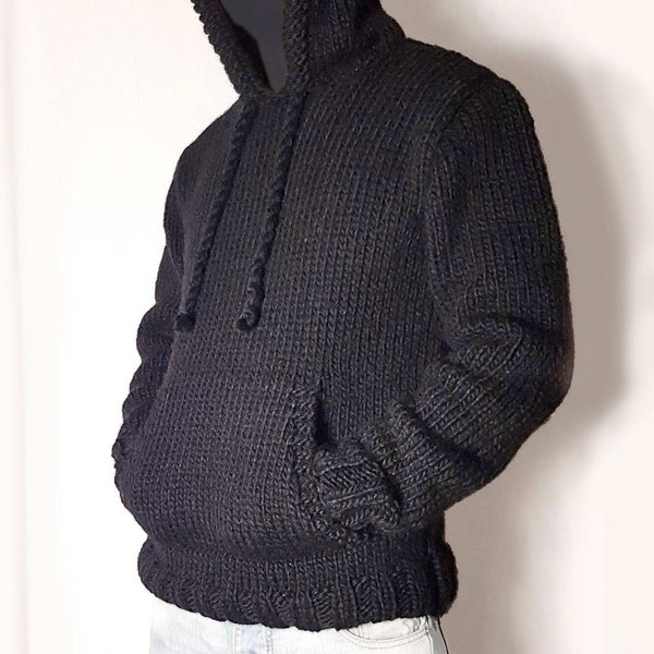 Hand knitted 100% WOOL mens hoodie sweater with poncho pocket, thick soft Jumper