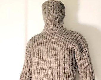 Hand knitted 100% WOOL mens sweater with turtleneck woolen pullover, soft elastic jumper, many colors, any size