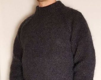 Hand Knitted WOOL MOHAIR mens sweater with CREWNECK * soft fuzzy Jumper * Pullover raglan falen sleeves