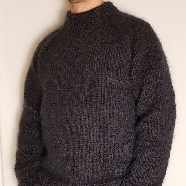 Hand Knitted WOOL MOHAIR mens sweater with CREWNECK * soft fuzzy Jumper * Pullover raglan falen sleeves