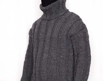 Hand knitted 100% WOOL mens sweater with turtleneck woolen thick pullover, soft elastic jumper, many colors, any size