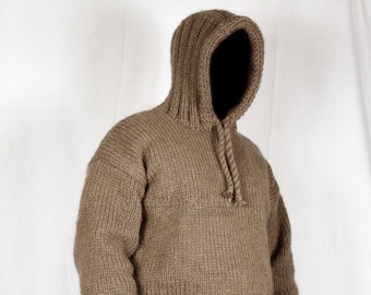 Hand knitted 100% WOOL mens sweater with hoodies , thick soft Jumper , hoodie