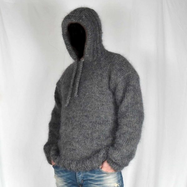 Hand Knitted WOOL and MOHAIR mens sweater with HOODIE Jumper soft fuzzy Jumper