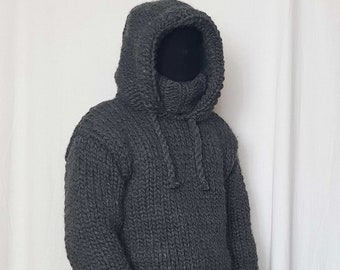 Hand knitted VERY THICK 100% WOOL mens hoodie sweater with turtleneck, chunky woolen pullover hood soft Jumper, jacket