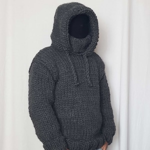 Hand knitted VERY THICK 100% WOOL mens hoodie sweater with turtleneck, chunky woolen pullover hood soft Jumper, jacket