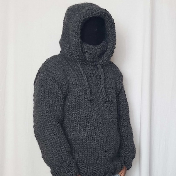Pull à capuche pour homme TRÈS ÉPAIS 100% LAINE tricoté à la main avec col roulé, grosse capuche en laine pull doux Jumper, veste