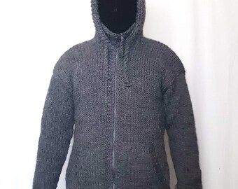 Hand knitted 100% WOOL mens hoodie sweater with turtleneck and zipper, soft Jumper , jacket