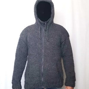 Pull à capuche pour homme 100% WOOL tricoté à la main avec col roulé et fermeture éclair, pull doux, veste