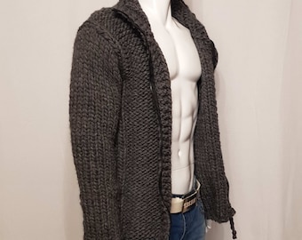 Hand knitted VERY THICK 100% WOOL vest, jacket with zipper mens woolen sweater turtleneck, thick soft jumper pullover many colors, any size