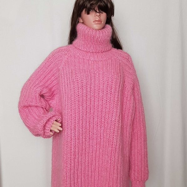 Pull très LONG femme LAINE MOHAIR tricoté à la main avec pull élastique épais doux à col roulé avec pull à manches raglan