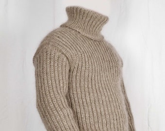 Hand Knitted WOOL MOHAIR Pullover Men Sweater Turtleneck soft thick Jumper thick ribs knit