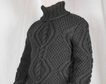 Hand Knitted 100% WOOL Pullover Men Sweater Turtleneck SOFT thick cable Jumper