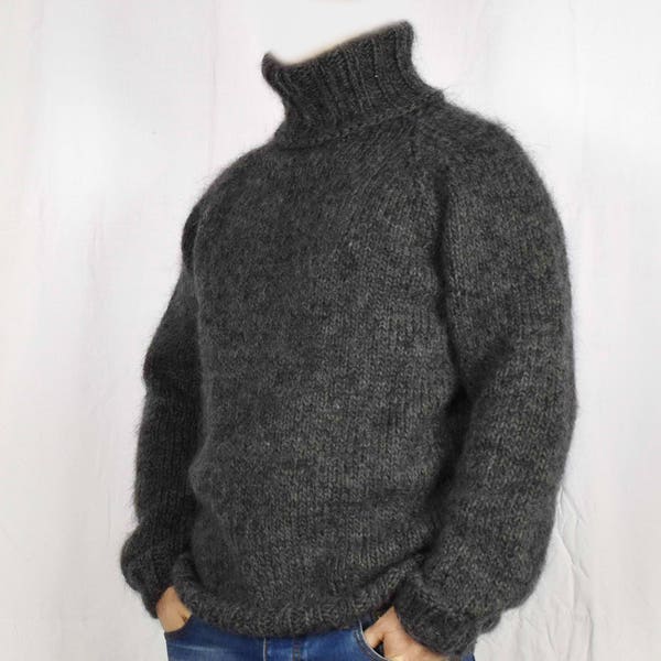 Hand Knitted WOOL MOHAIR Pullover Men Sweater Turtleneck soft thick Jumper