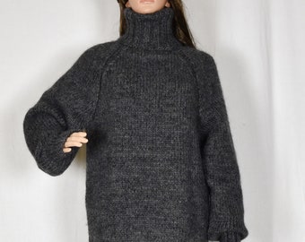 Hand Knitted WOOL MOHAIR pullover women sweater turtleneck soft thick jumper with raglan sleeves