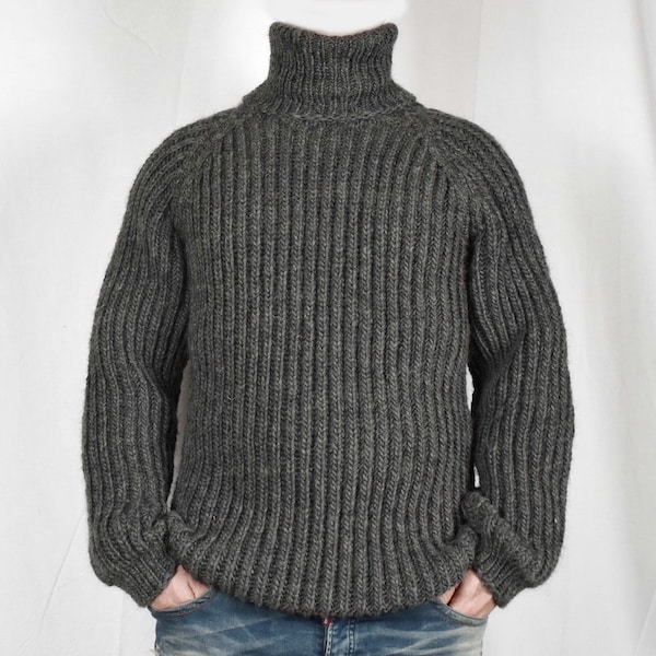 Hand knitted 100% WOOL mens sweater with turtleneck woolen pullover, soft elastic jumper, many colors, any size