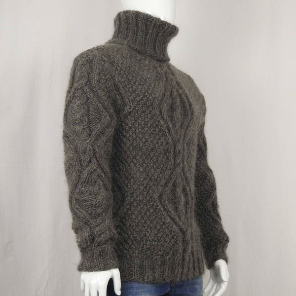 Pullover in LANA MOHAIR lavorato a mano CABLE Maglione da uomo Dolcevita maglione morbido e spesso