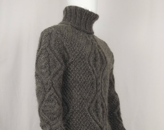 Hand Knitted WOOL MOHAIR Pullover CABLE  Men Sweater Turtleneck soft thick Jumper