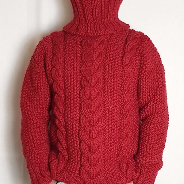 Suéter CABLE para hombre 100% WOOL tejido a mano con cuello alto, capucha de jersey de lana suave y muy grueso Jersey único