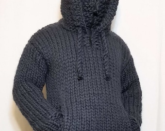 Pull à capuche pour hommes TRÈS ÉPAIS 100% LAINE tricoté à la main avec fermeture éclair à col roulé et poches, capuche pull en laine douce Jumper chunky