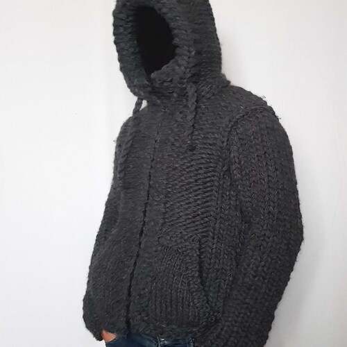 CorrectStore Hand Knitted Very Thick 100% Wool Mens Hoodie Sweater with Turtleneck Zipper and Pockets, Woolen Pullover Hood Soft Jumper, Jacket