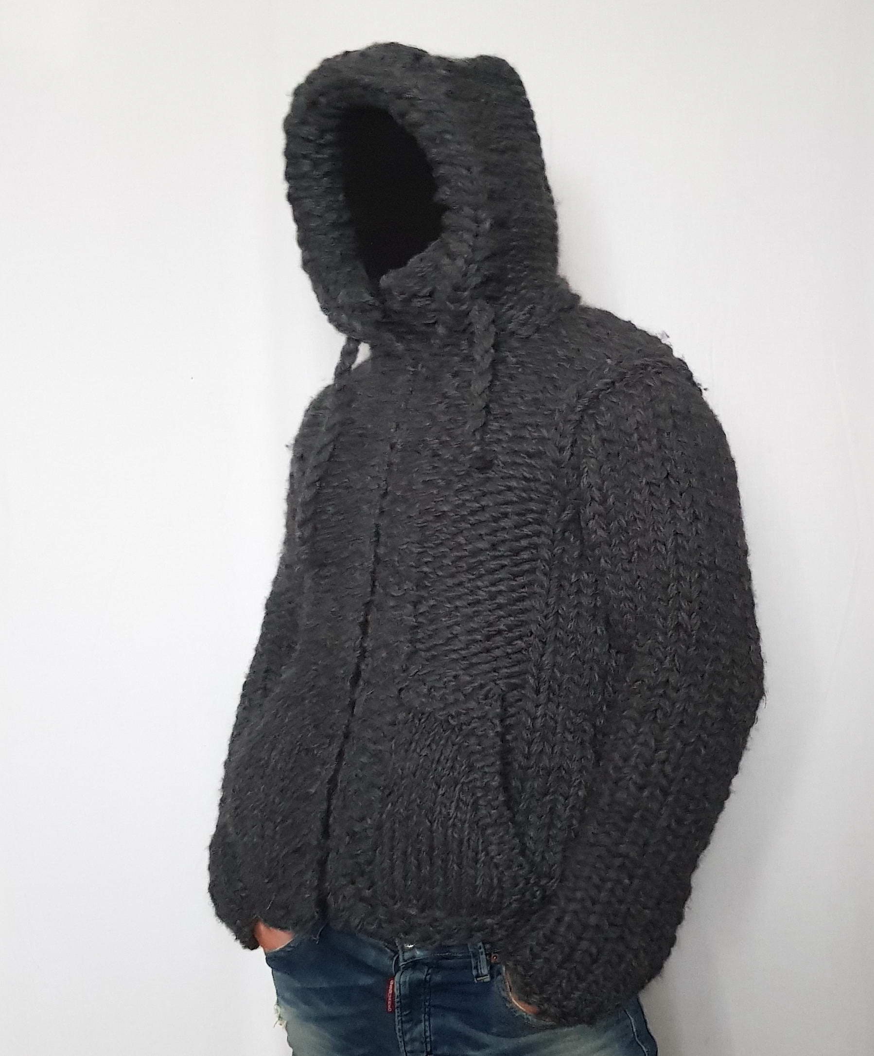 jacket Hand knitted VERY THICK  100% WOOL mens hoodie sweater with turtleneck zipper and pockets Clothing Mens Clothing Hoodies & Sweatshirts Hoodies woolen pullover hood soft Jumper 